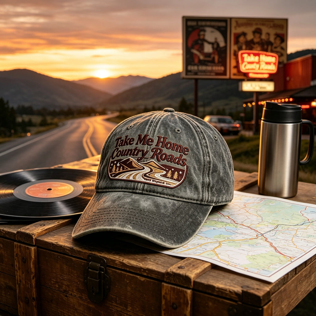 🖤 **Country Roads Vintage Embroidered Memorial Cap | John Denver Tribute Collection----A Tribute to The Roads That Always Lead Us Home**