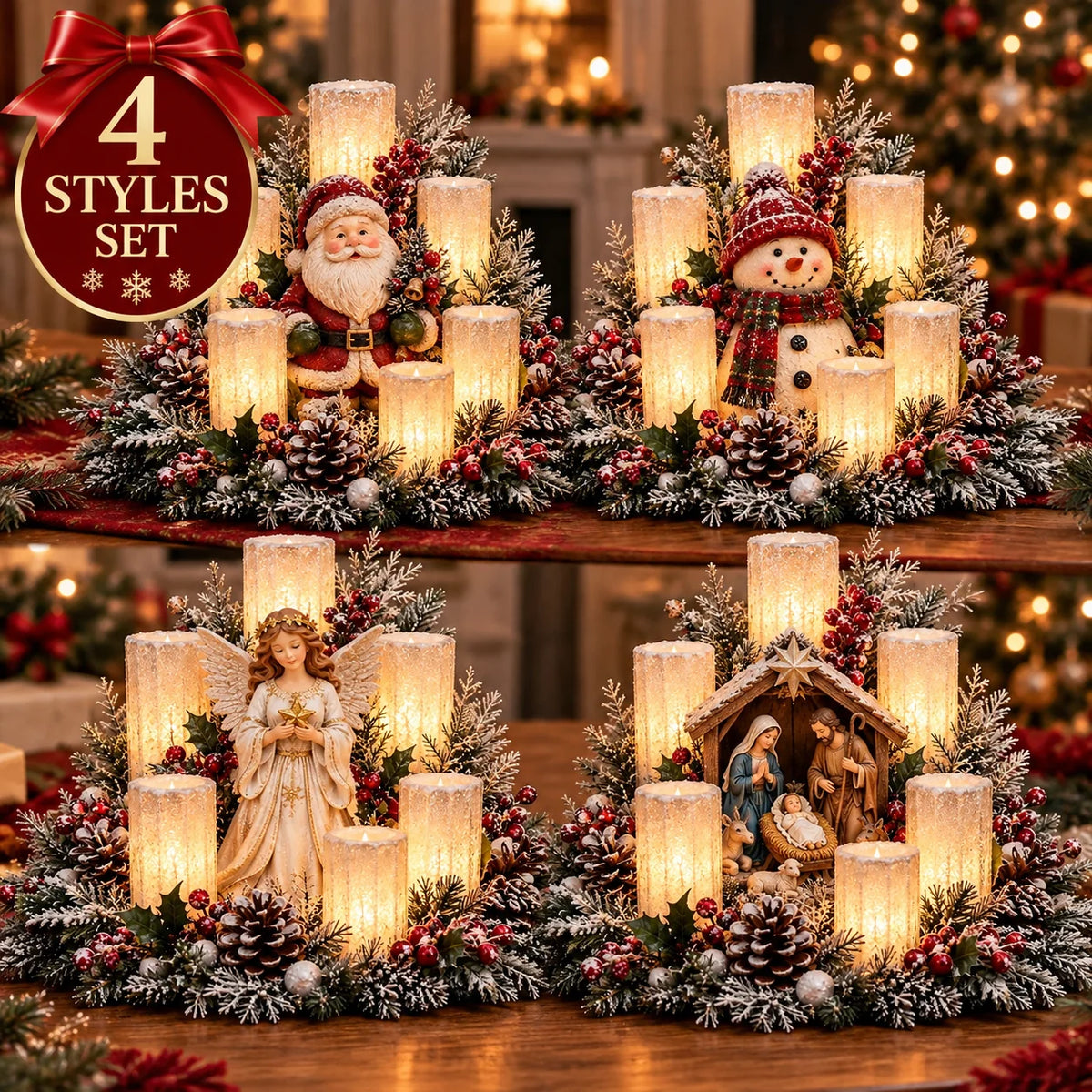 Beleuchtetes Weihnachtsgesteck mit dem Schein einer flammenlosen Kerze