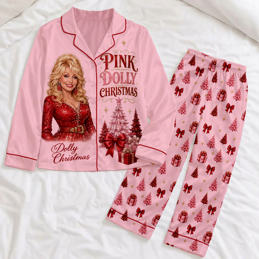 Pink Dolly Christmas Pajamas Set, Dolly Parton Satin PJs, Country Music Holiday Sleepwear, Dolly Fan Gift 686195