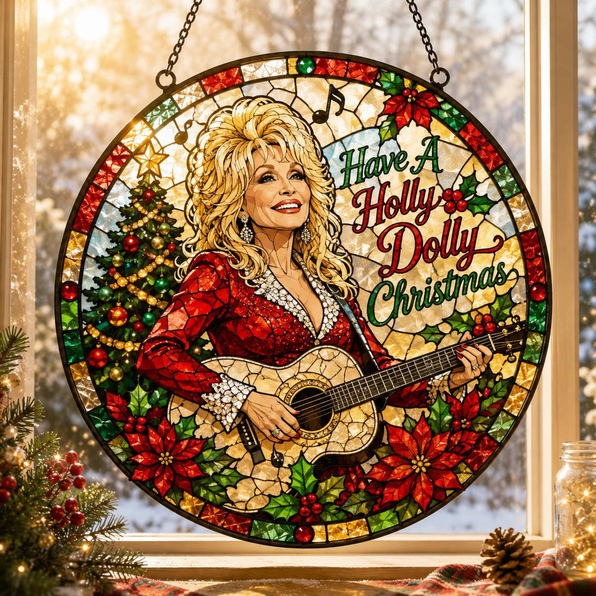 Have A Holly Dolly Christmas Stained Glass Suncatcher, Country Music Tribute Gift, Dolly Parton Fan Gift 686187