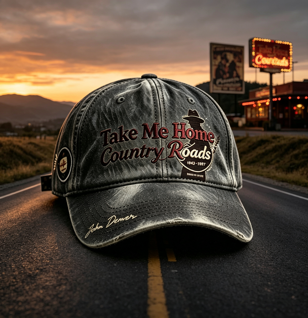 🖤 **Country Roads Vintage Embroidered Memorial Cap | John Denver Tribute Collection----A Tribute to The Roads That Always Lead Us Home**