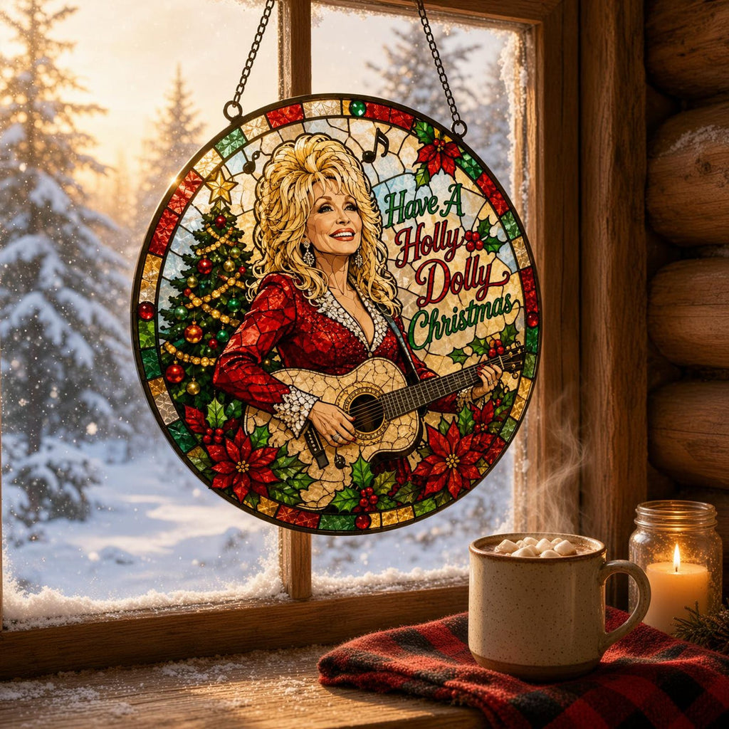 Have A Holly Dolly Christmas Stained Glass Suncatcher, Country Music Tribute Gift, Dolly Parton Fan Gift 686187