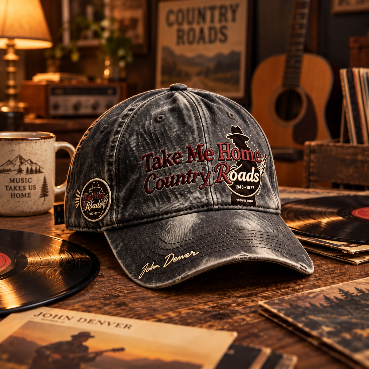🖤 **Country Roads Vintage Embroidered Memorial Cap | John Denver Tribute Collection----A Tribute to The Roads That Always Lead Us Home**
