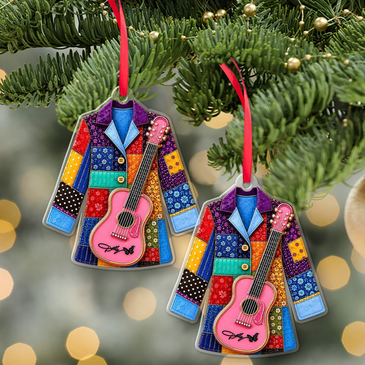 Dolly Parton Coat Of Many Colors Acrylic Ornament, Dolly Pink Guitar Christmas Ornament 686152