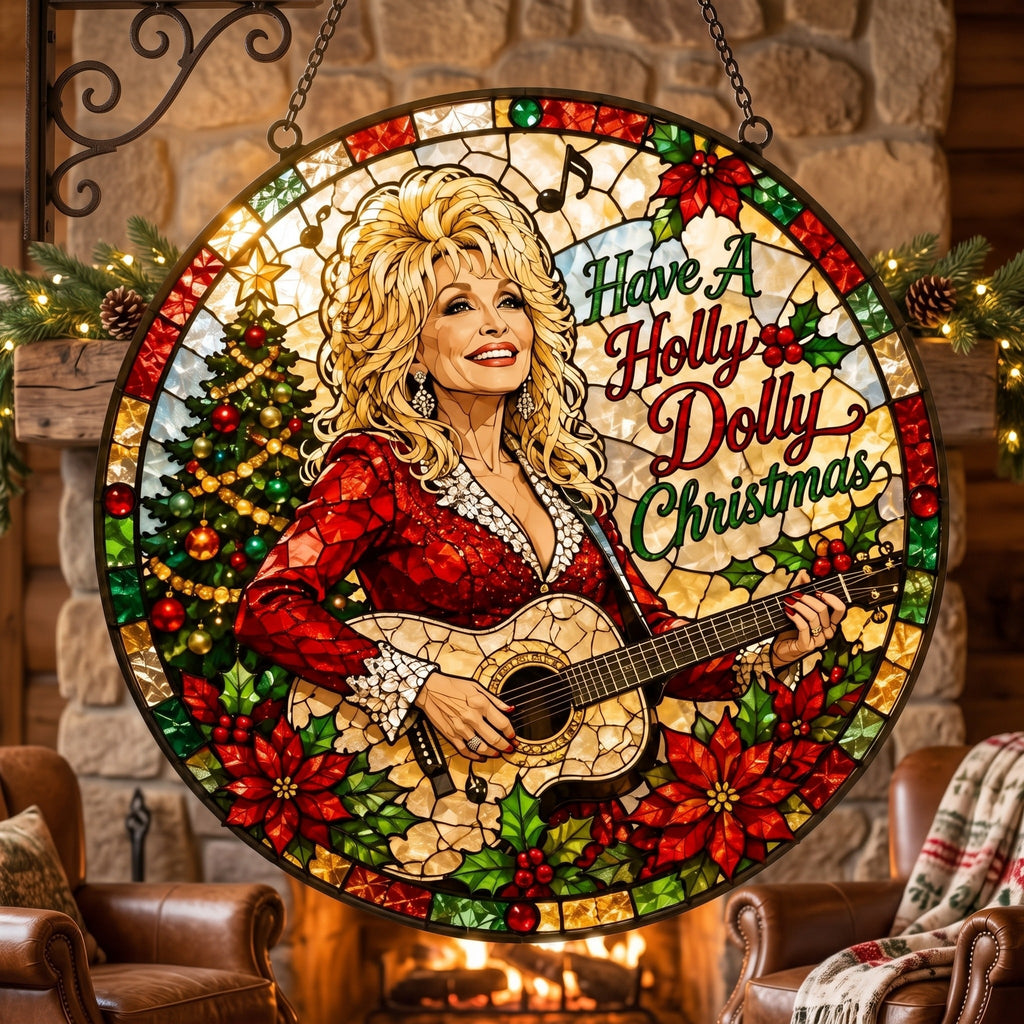 Have A Holly Dolly Christmas Stained Glass Suncatcher, Country Music Tribute Gift, Dolly Parton Fan Gift 686187