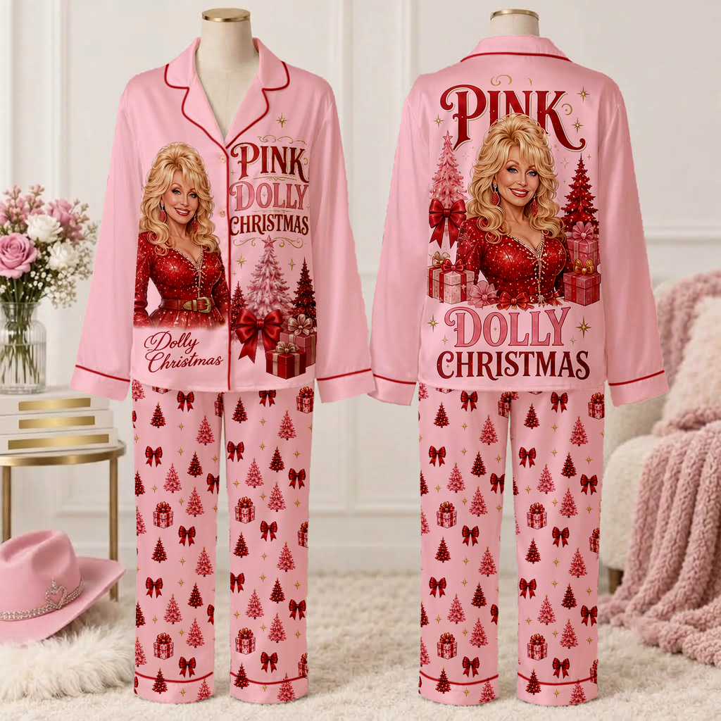 Pink Dolly Christmas Pajamas Set, Dolly Parton Satin PJs, Country Music Holiday Sleepwear, Dolly Fan Gift 686195