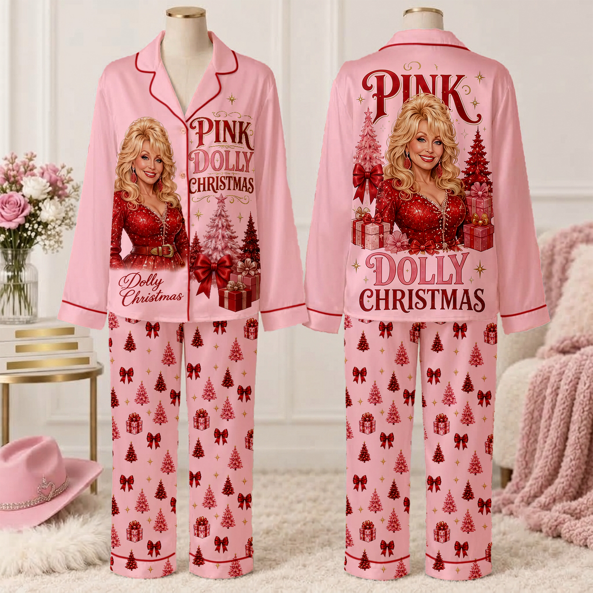 Pink Dolly Christmas Pajamas Set, Dolly Parton Satin PJs, Country Music Holiday Sleepwear, Dolly Fan Gift 686195