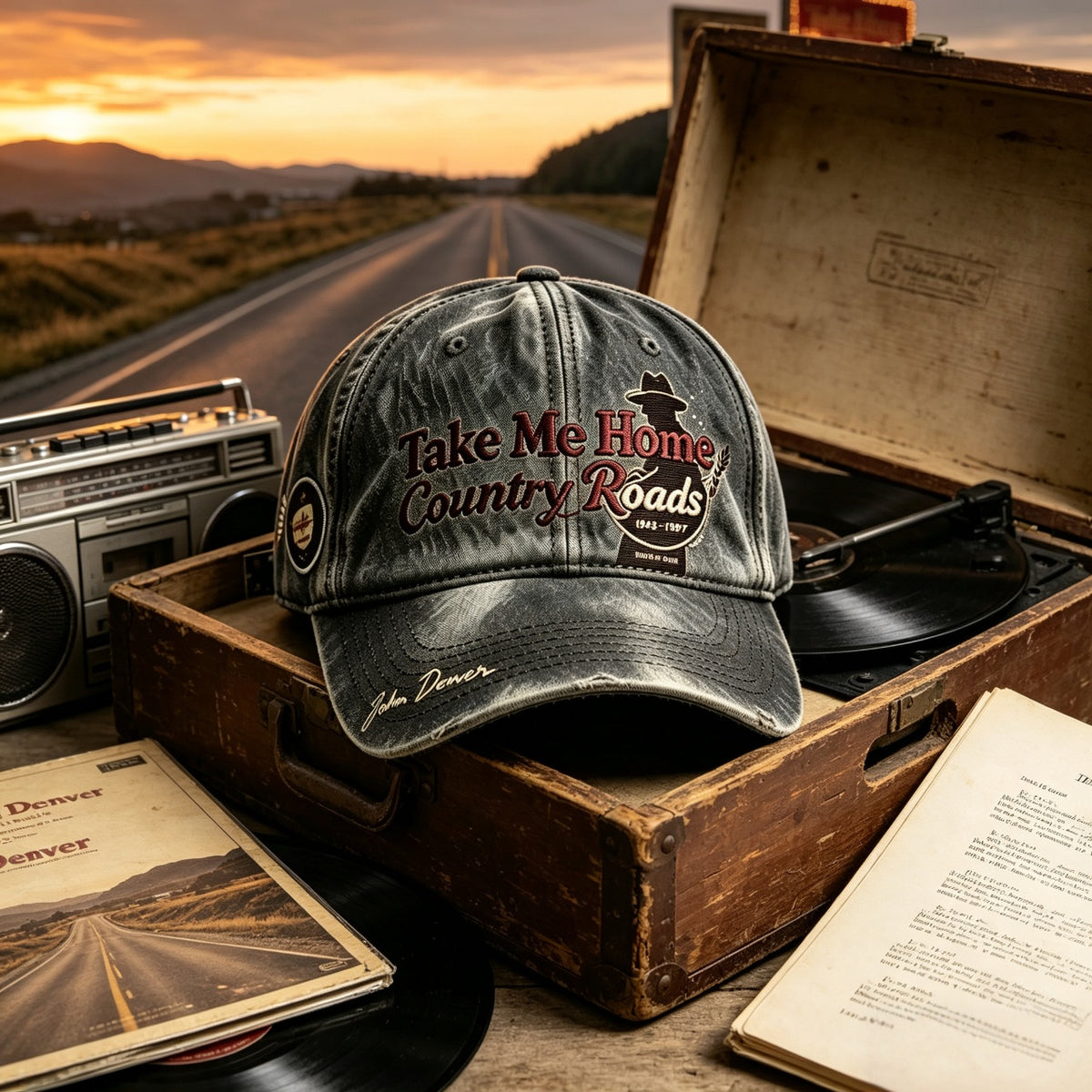 🖤 **Country Roads Vintage Embroidered Memorial Cap | John Denver Tribute Collection----A Tribute to The Roads That Always Lead Us Home**