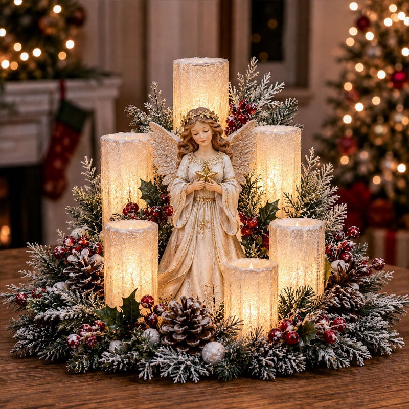 Beleuchtetes Weihnachtsgesteck mit dem Schein einer flammenlosen Kerze