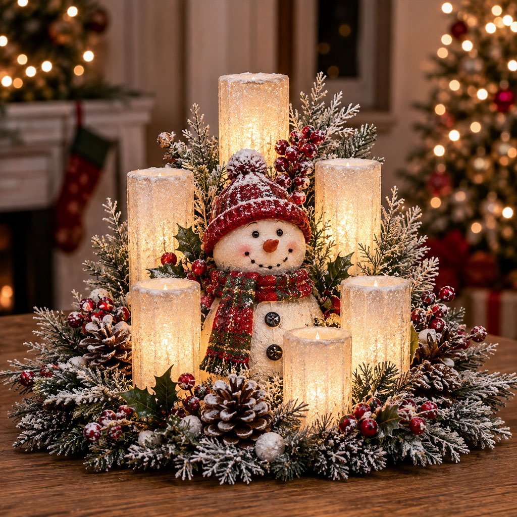 Illuminated Christmas arrangement with the glow of a flameless candle