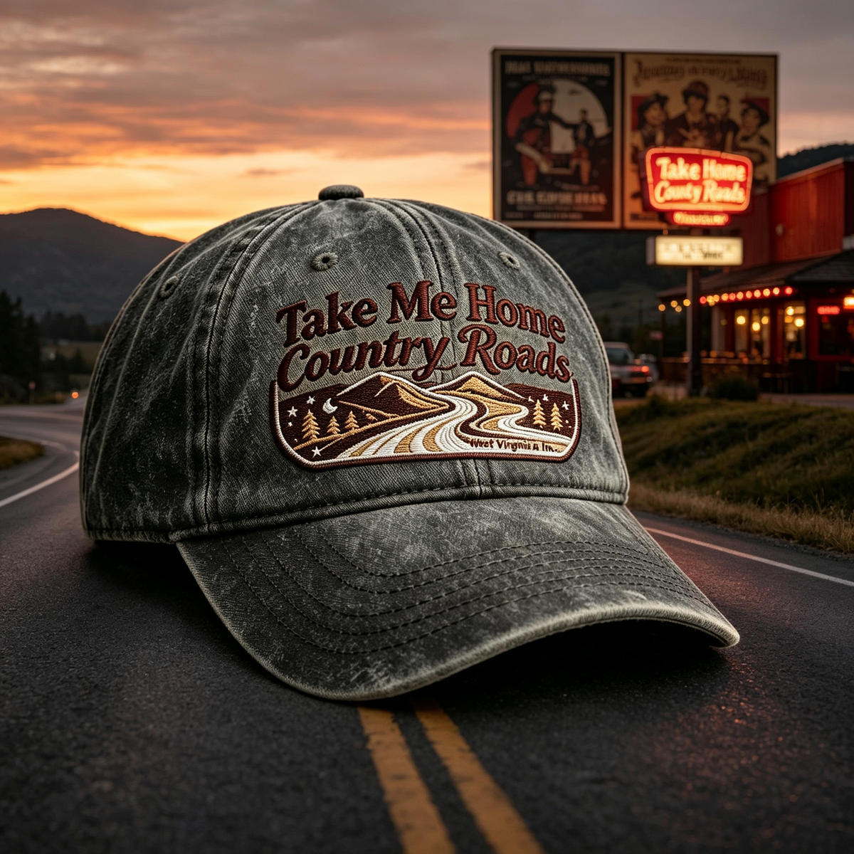 🖤 **Country Roads Vintage Embroidered Memorial Cap | John Denver Tribute Collection----A Tribute to The Roads That Always Lead Us Home**