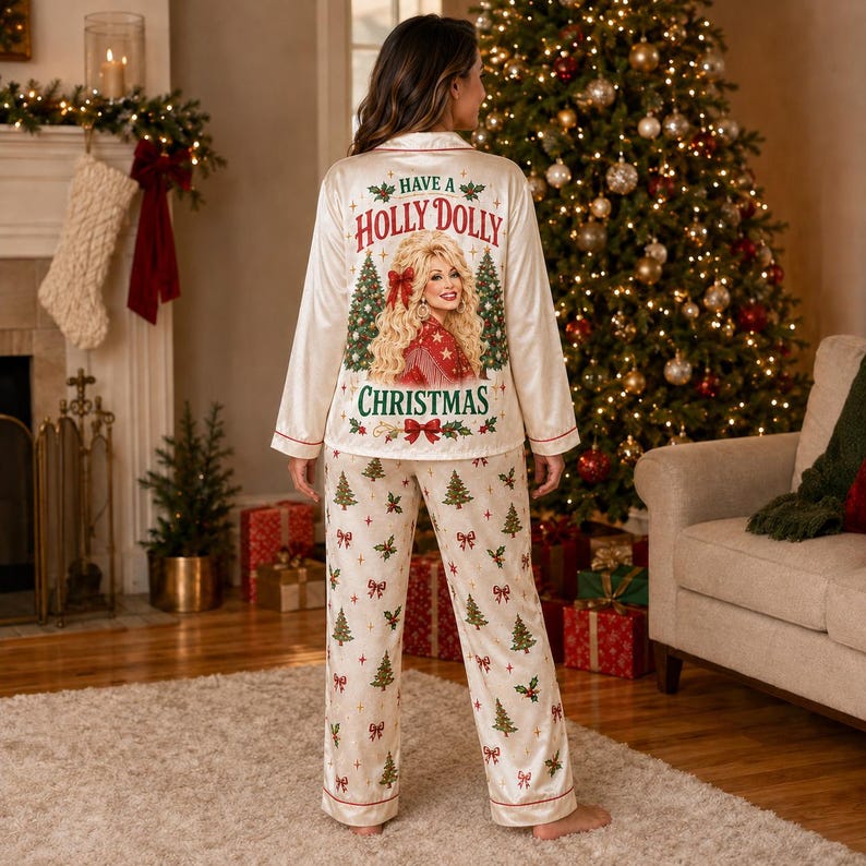 Holly Dolly Christmas Pajamas, Dolly Parton Satin PJ Set, Country Music Holiday Sleepwear, Matching Family Pajamas 686256