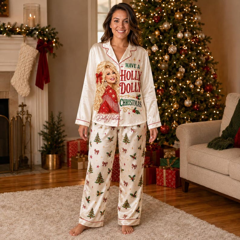 Holly Dolly Christmas Pajamas, Dolly Parton Satin PJ Set, Country Music Holiday Sleepwear, Matching Family Pajamas 686256