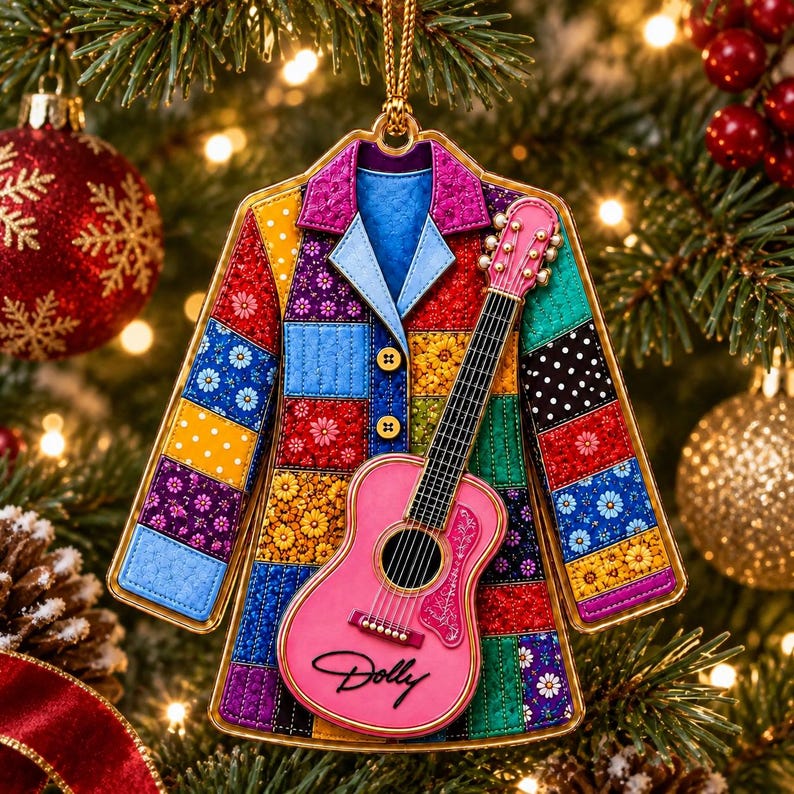 Dolly Coat of Many Colors Acrylic Ornament, Pink Guitar Christmas Ornament, Dolly Parton Fan Gift 686273