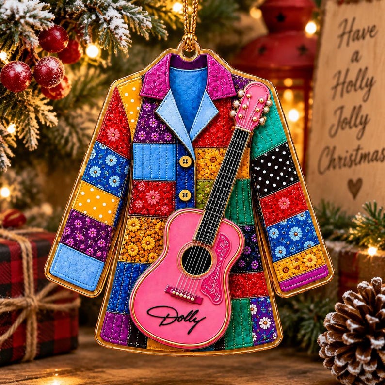 Dolly Coat of Many Colors Acrylic Ornament, Pink Guitar Christmas Ornament, Dolly Parton Fan Gift 686273