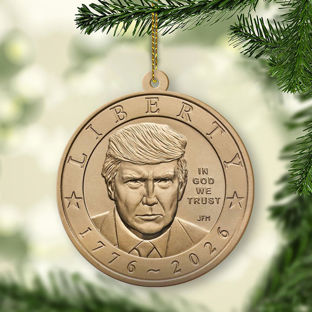 Trump One Dollar Coin 250th Anniversary Wooden Ornament 2-Sided, Donald Trump $1 Coin Christmas Ornament, Patriotic USA Gift 686132
