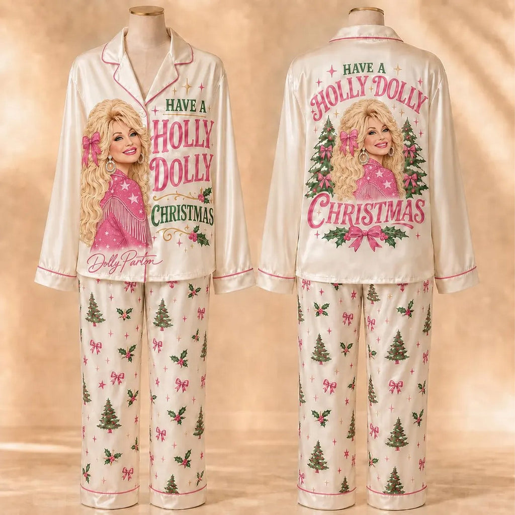 Have A Holly Dolly Christmas Pajama Set, Dolly Parton Satin PJs, Pink Country Music Christmas Pajamas 686231