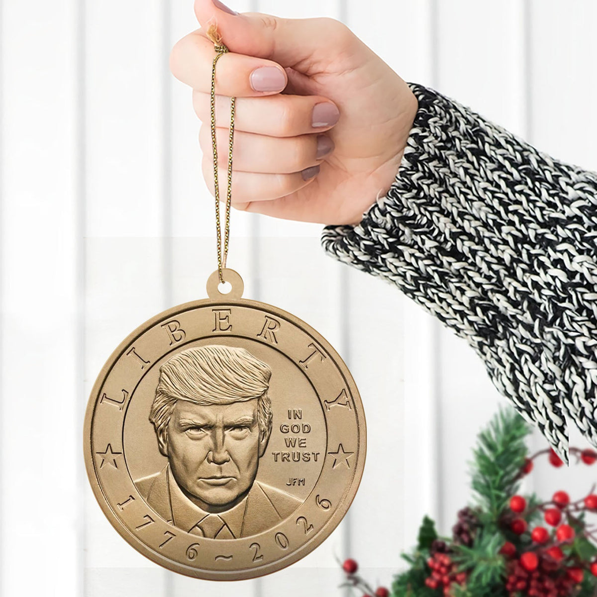 Trump One Dollar Coin 250th Anniversary Wooden Ornament 2-Sided, Donald Trump $1 Coin Christmas Ornament, Patriotic USA Gift 686132