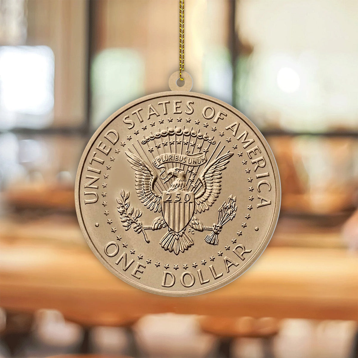Trump One Dollar Coin 250th Anniversary Stainless Steel Ornament 2-Sided, Donald Trump $1 Coin Christmas Ornament, Patriotic USA Gift 686132