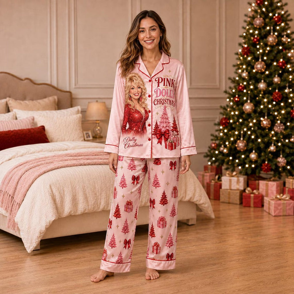 Pink Dolly Christmas Pajamas Set, Dolly Parton Satin PJs, Country Music Holiday Sleepwear, Dolly Fan Gift 686195