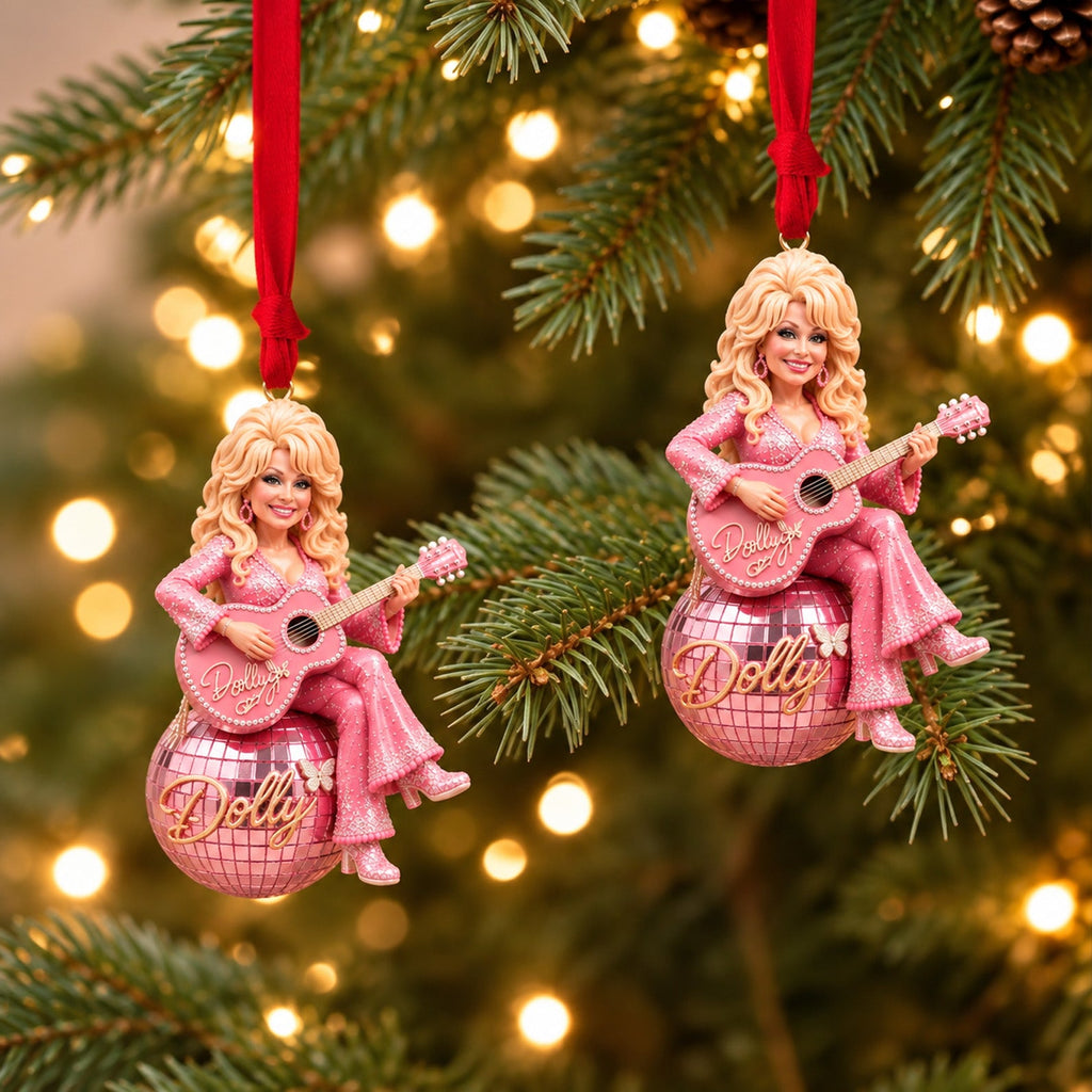 Dolly Parton 3D Relief White Acrylic Ornament, Pink Disco Ball Country Music Christmas Ornament 686094