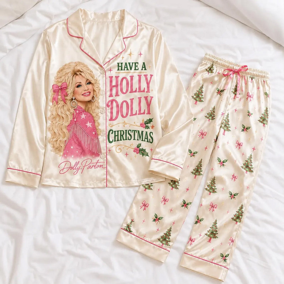 Have A Holly Dolly Christmas Pajama Set, Dolly Parton Satin PJs, Pink Country Music Christmas Pajamas 686231