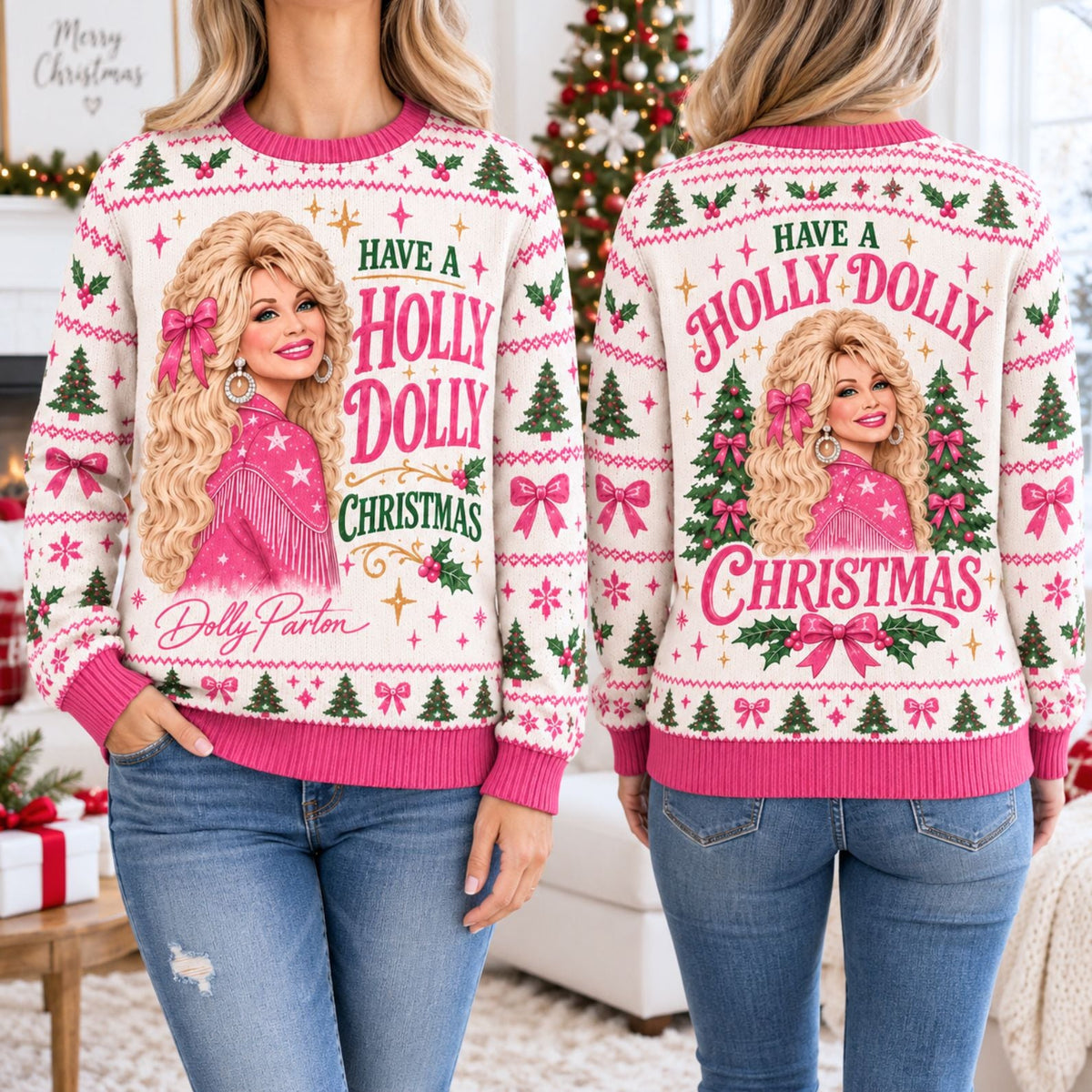 Have A Holly Dolly Christmas Ugly Sweater, Dolly Parton Christmas AOP Sweater, Pink Country Music Gift 686301 WFD