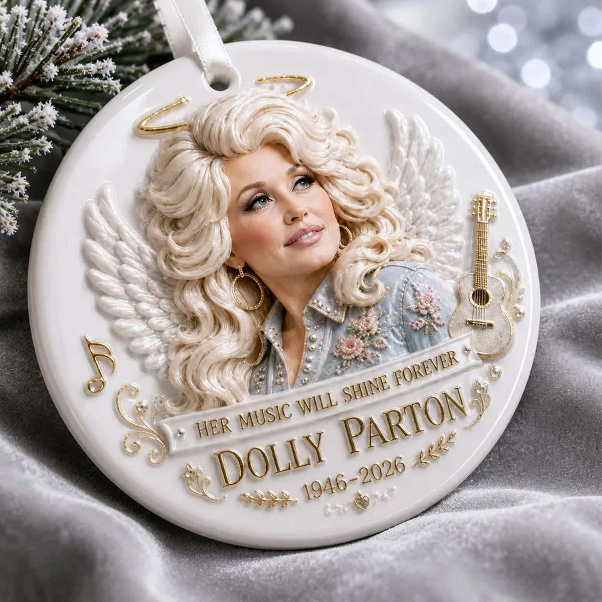 Dolly Parton Angel 3D Relief White Ceramic Ornament, Country Music Legend Memorial Christmas Ornament 686143
