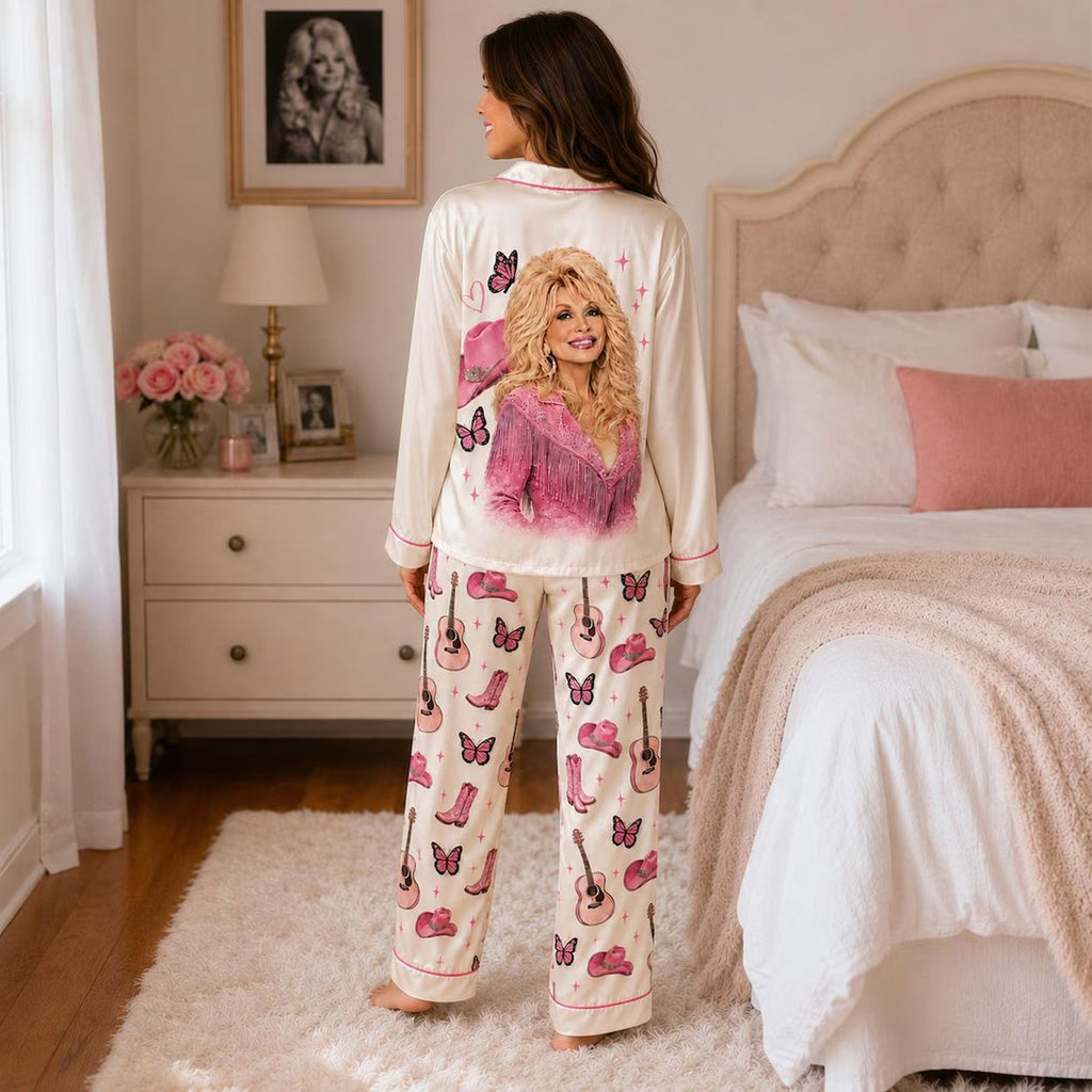 Dolly Parton Pink Western Pajama Set, Country Music Satin PJs, Cowgirl Sleepwear, Dolly Fan Gift 686230