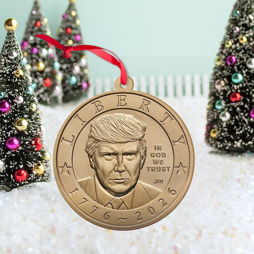 Trump One Dollar Coin 250th Anniversary Wooden Ornament 2-Sided, Donald Trump $1 Coin Christmas Ornament, Patriotic USA Gift 686132