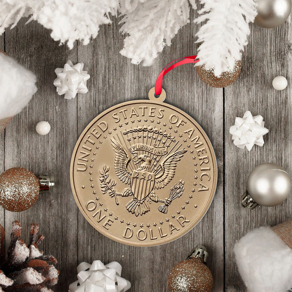 Trump One Dollar Coin 250th Anniversary Stainless Steel Ornament 2-Sided, Donald Trump $1 Coin Christmas Ornament, Patriotic USA Gift 686132