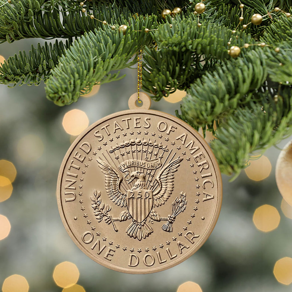 Trump One Dollar Coin 250th Anniversary Wooden Ornament 2-Sided, Donald Trump $1 Coin Christmas Ornament, Patriotic USA Gift 686132