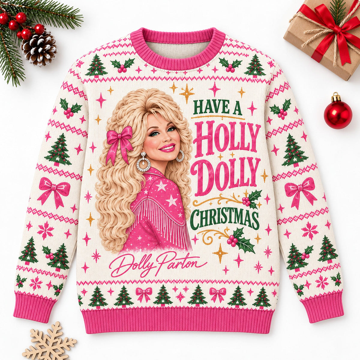Have A Holly Dolly Christmas Ugly Sweater, Dolly Parton Christmas AOP Sweater, Pink Country Music Gift 686301 WFD